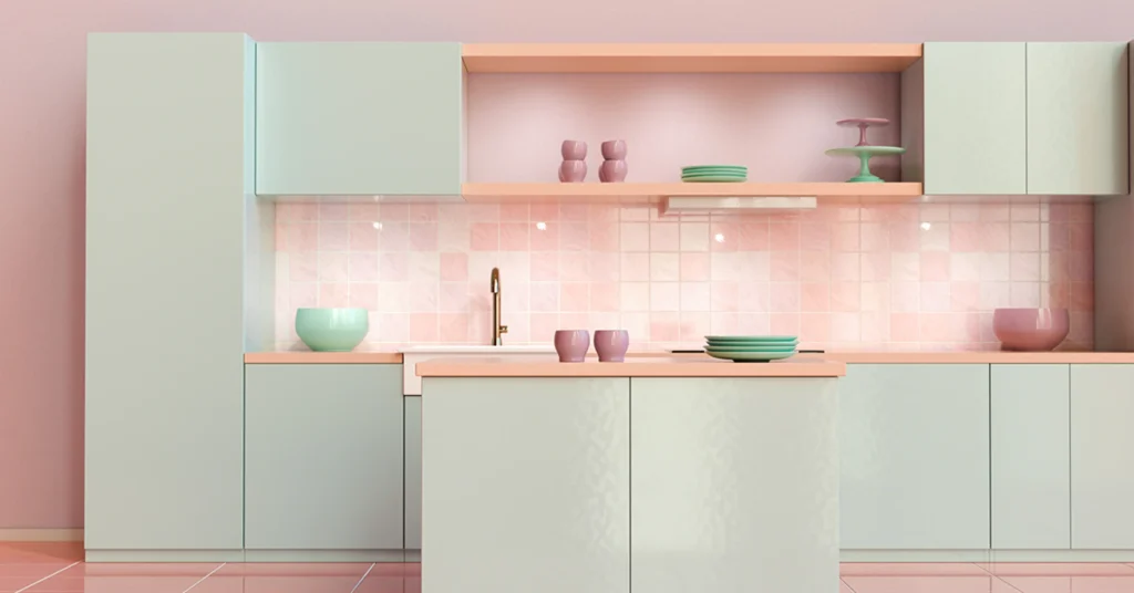 Minimalist single-wall kitchen in soft pastel shades.