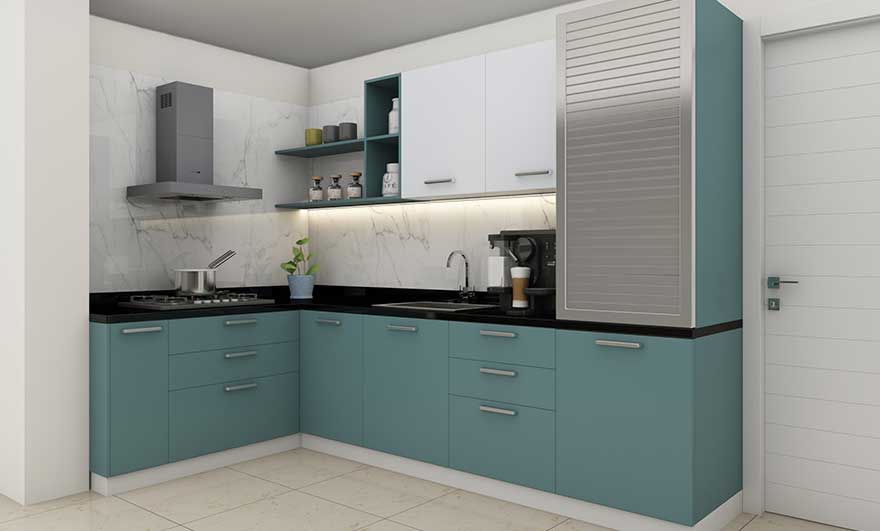Modern L-shaped kitchen designs with dual-tone cabinets and under-cabinet lighting.