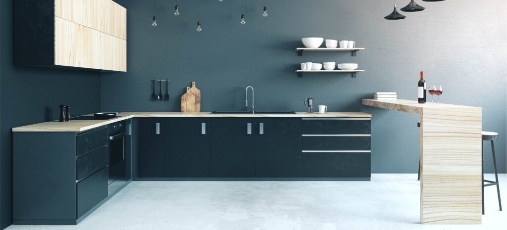 Compact modular kitchen with smart corner units and sleek handles.