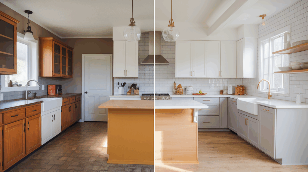 Before/after kitchen makeover of a modern kitchen glowing with natural lighting and smart storage