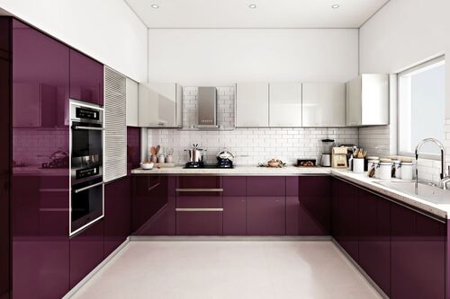 3D illustration or photo of a modular kitchen with labeled modules (sink, hob, fridge, cabinets)